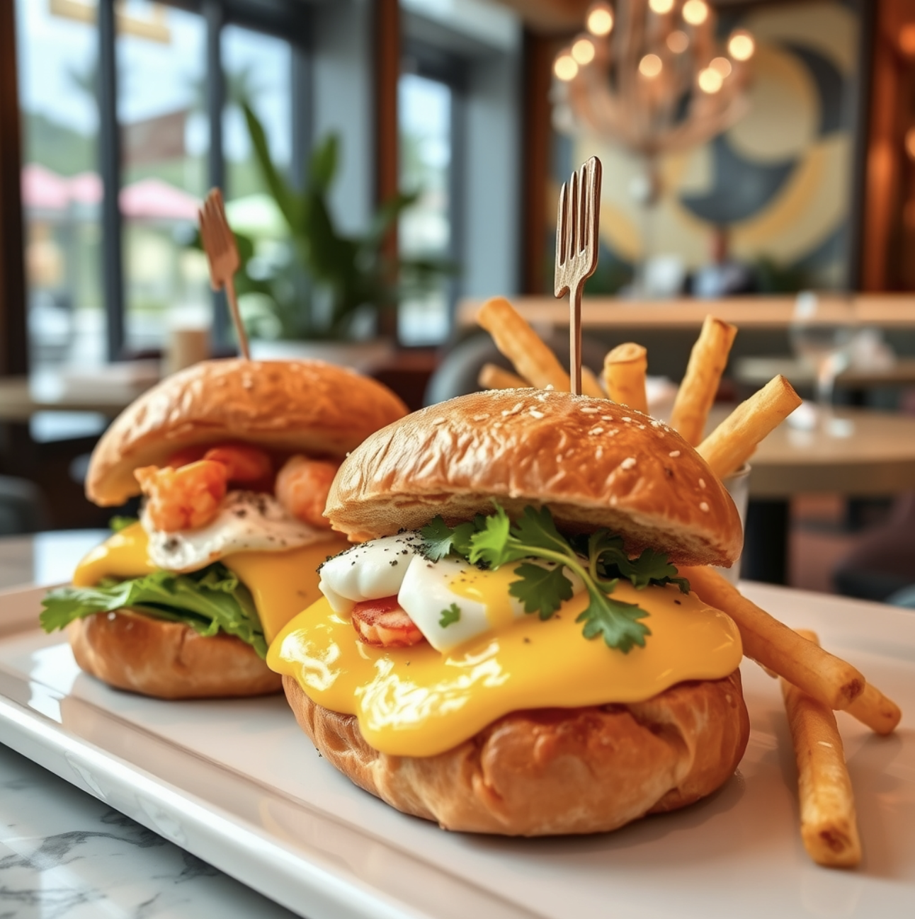 Two savory burger sliders topped with cheese, egg, and seafood, served with french fries.