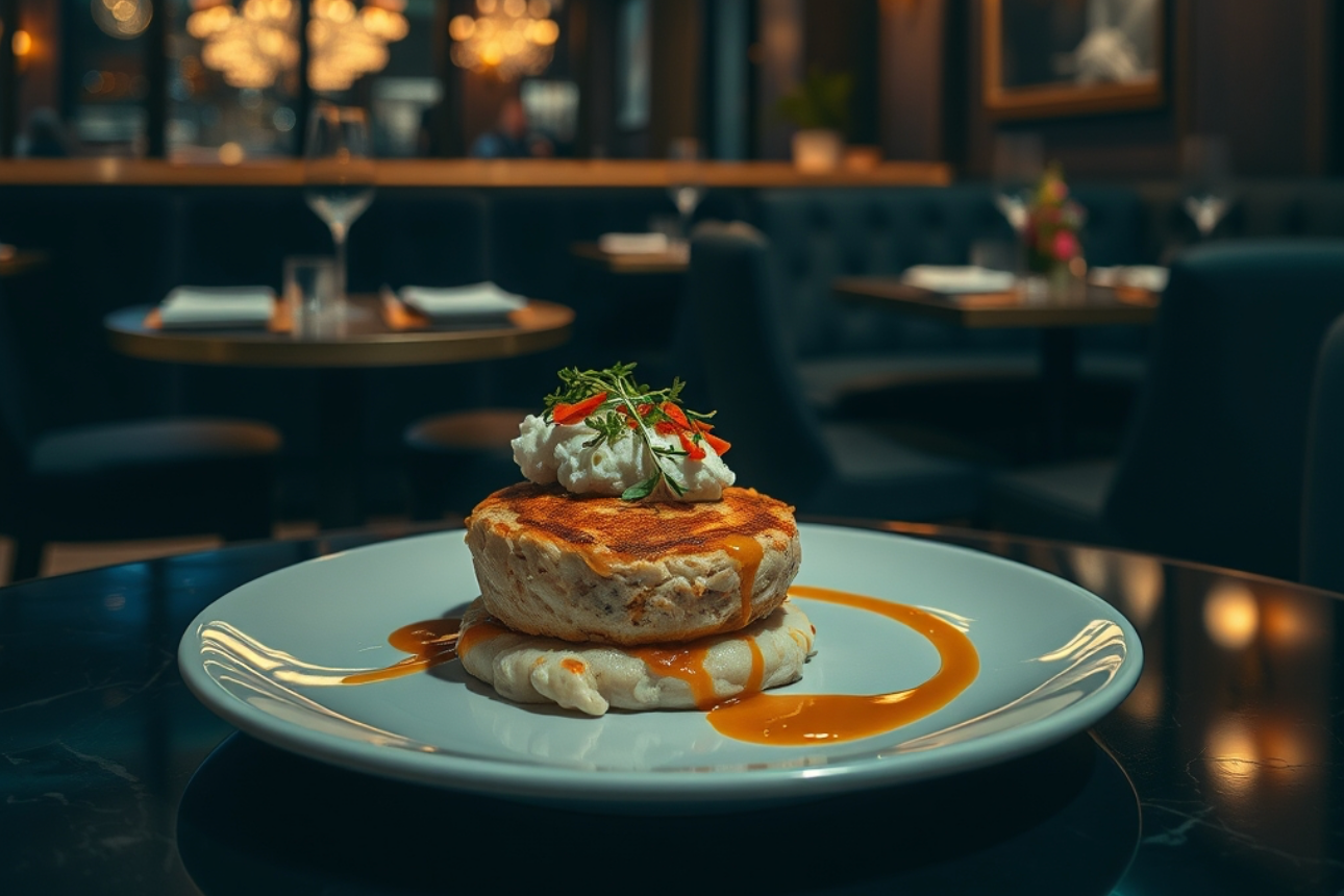 Premium Maryland-style crab cakes stacked on a plate at Crab Cab