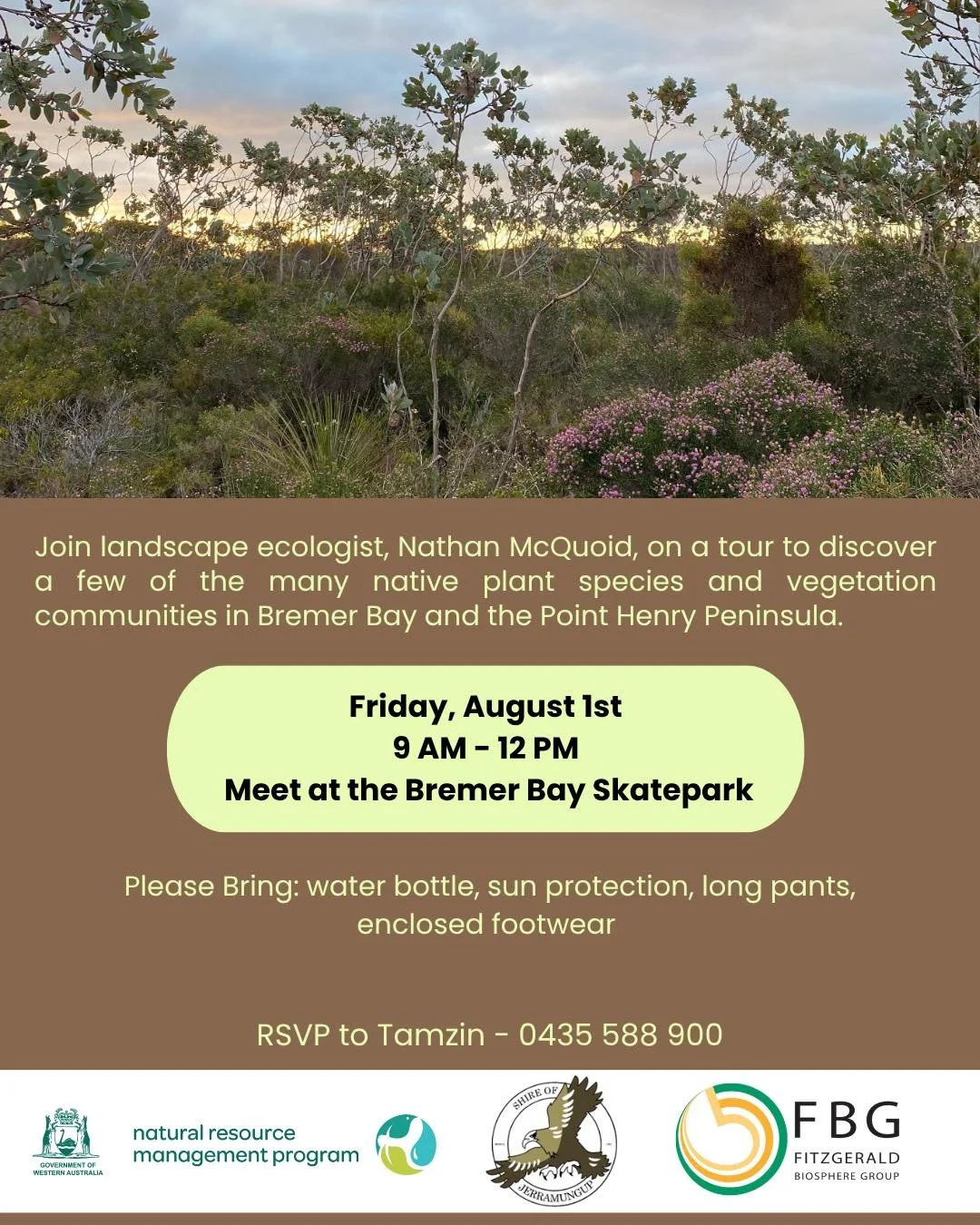 Plants and their places 🌼

🗓️ Friday, August 1st
🕘 9 am - 12 pm
📍 Meet at the Bremer Bay Skatepark

We will either hop on a bus or carpool, to explore various vegetation communities around Bremer Bay and the Point Henry Peninsula, with landscape 