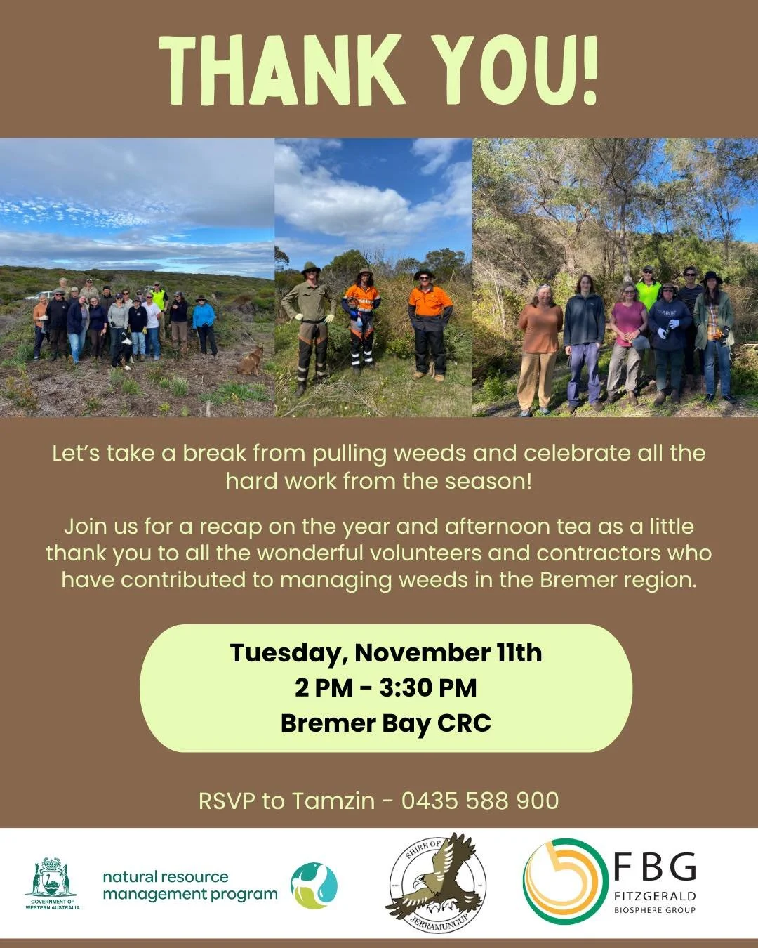 🌸 Thank You Afternoon Tea 🌸

We would love for everyone who has helped out at a busy bee, attended a workshop or is interested in weed control in the region to join us to celebrate the years work! 

🗓️ Tuesday, November 11th
🕙 2pm 
📍 Bremer Bay 