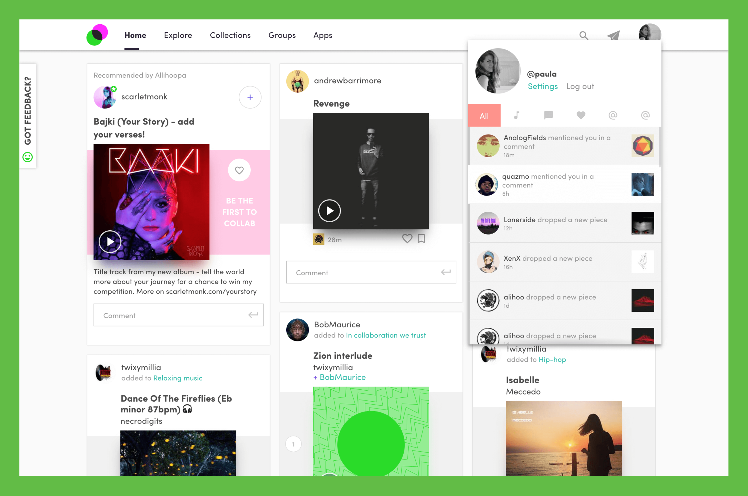 Music feed + Activity log