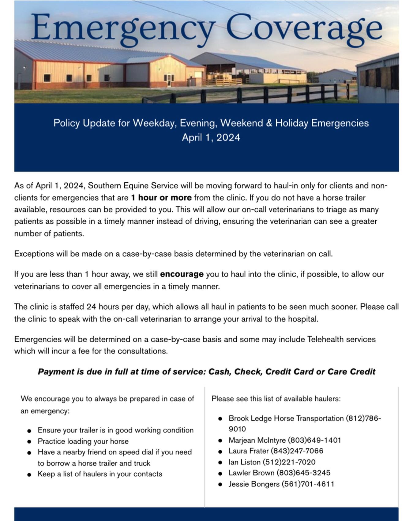 Please see our updated emergency policy as of April 1, 2024.