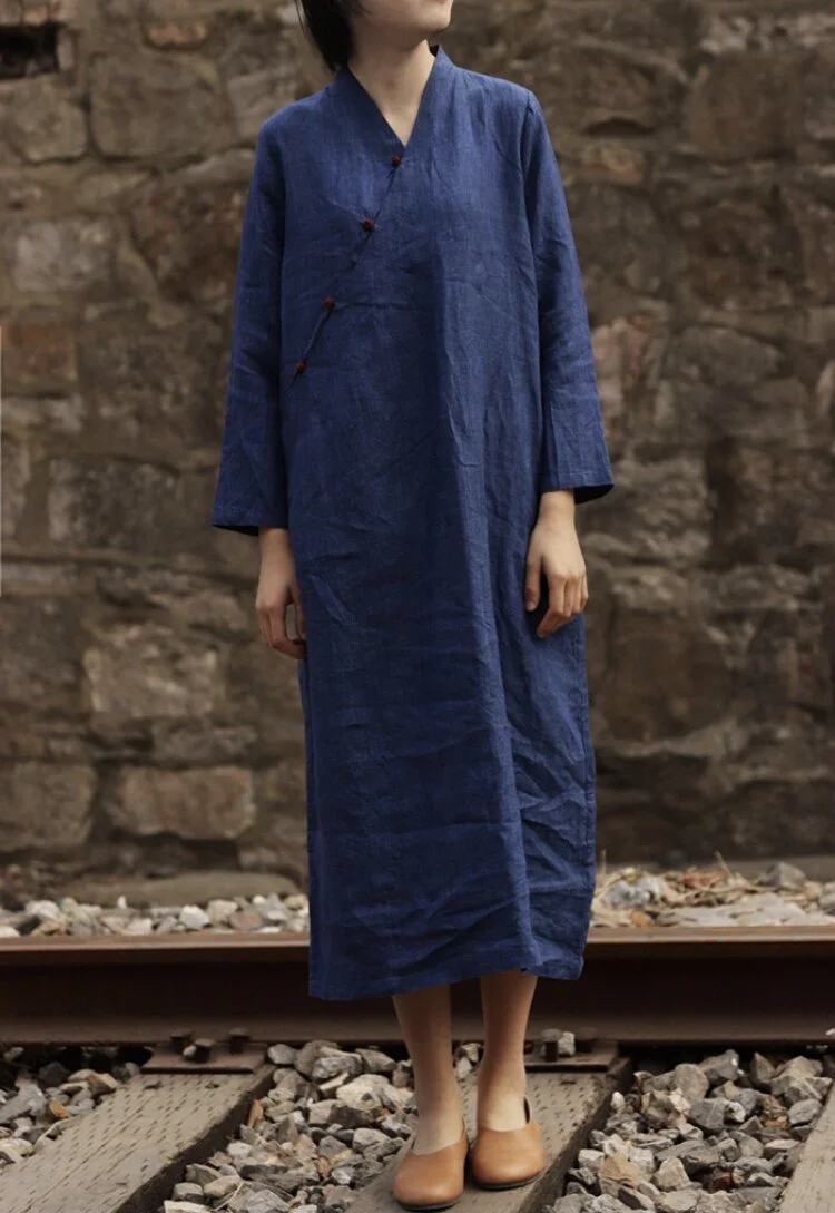 Indigo linen dress with side Chinese frog knot opening  YICRAFTS