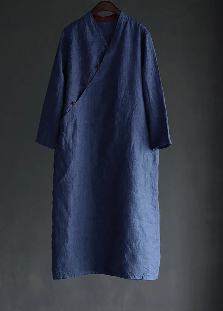 knee length dresses for ladies National Chinese V-neck Cotton Linen Dress  Buddhatrends