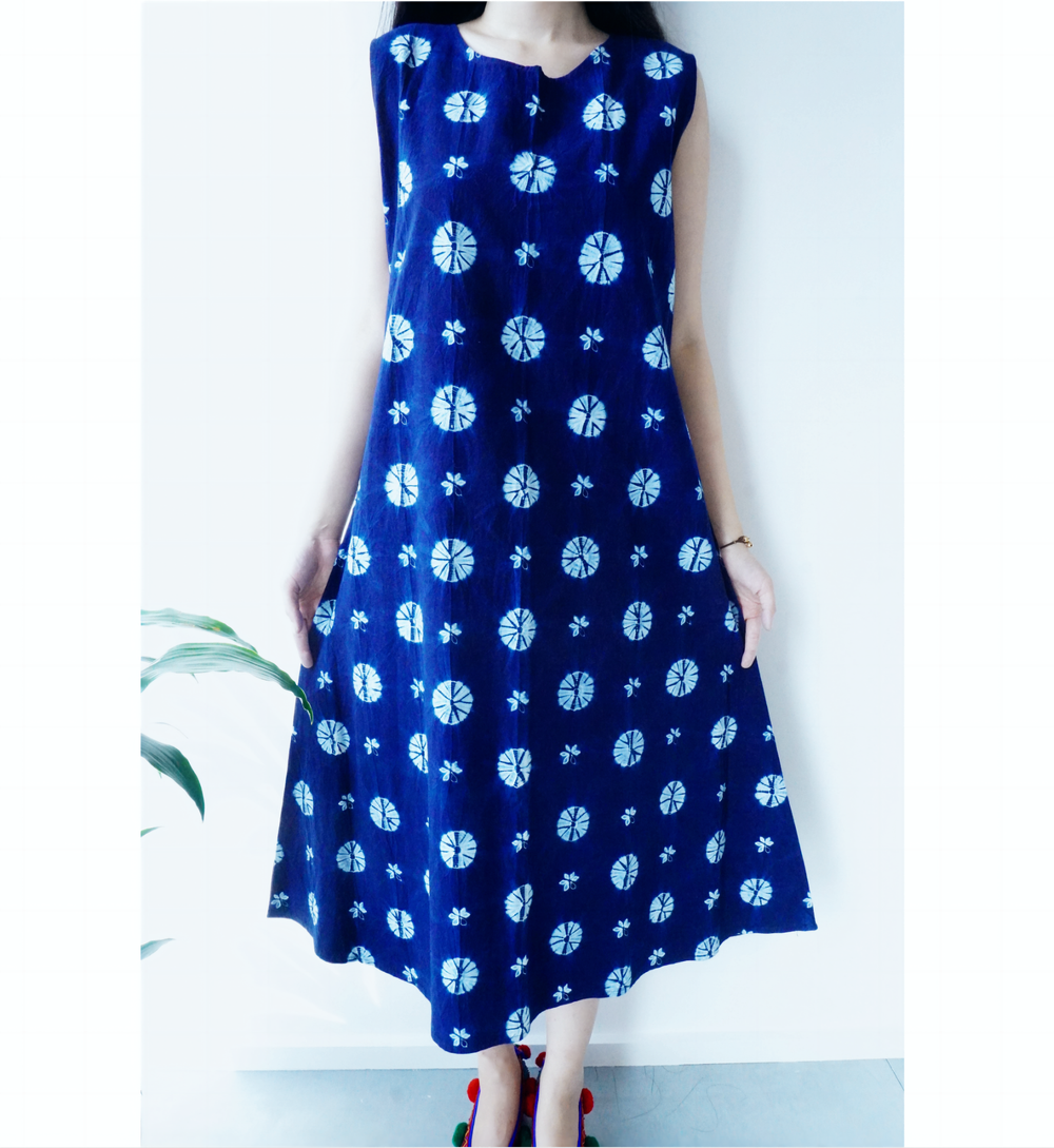 Natural indigo dyed shibori dress  YICRAFTS