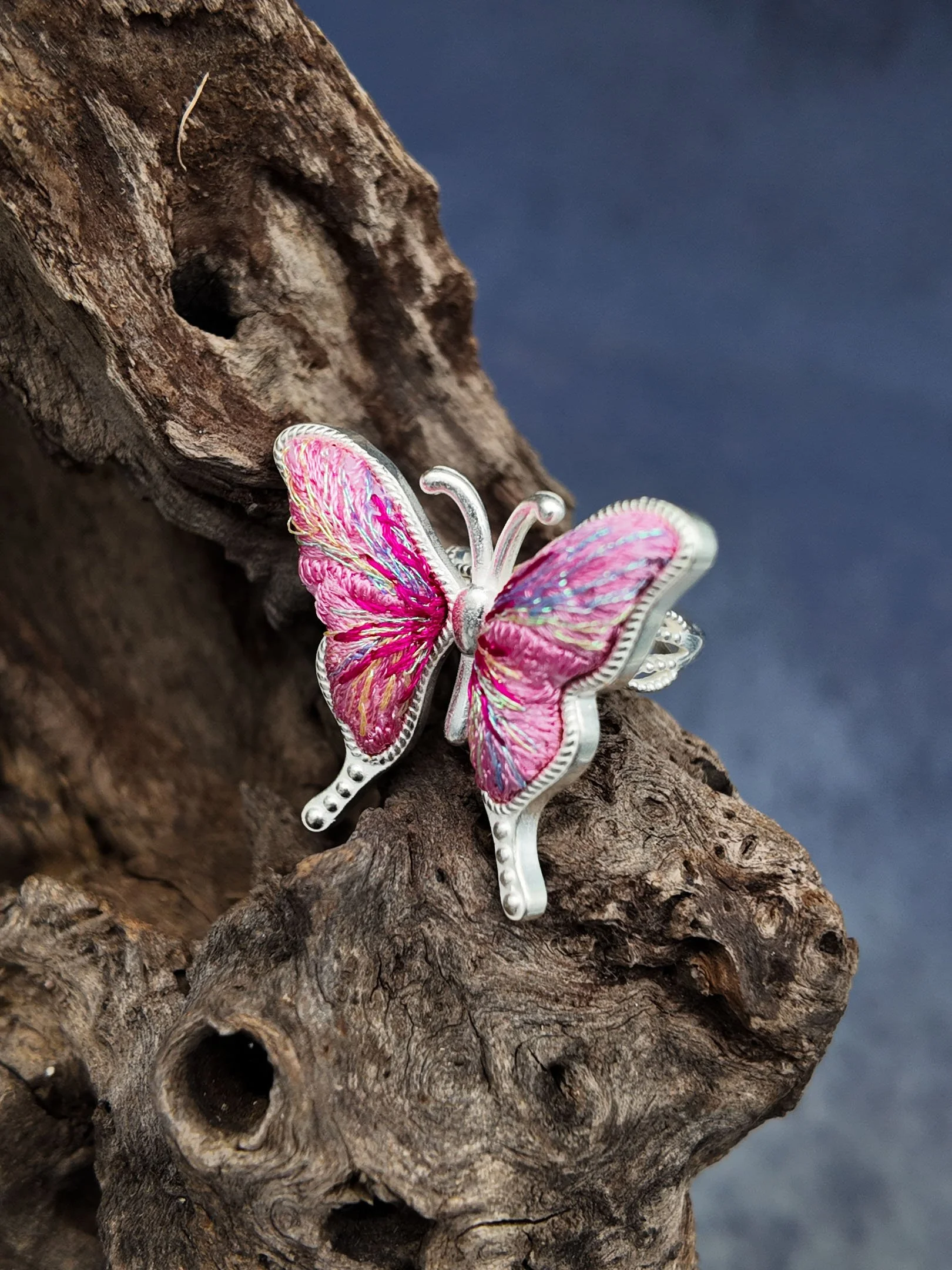 Miao Silver Embroidery Ring – Butterfly