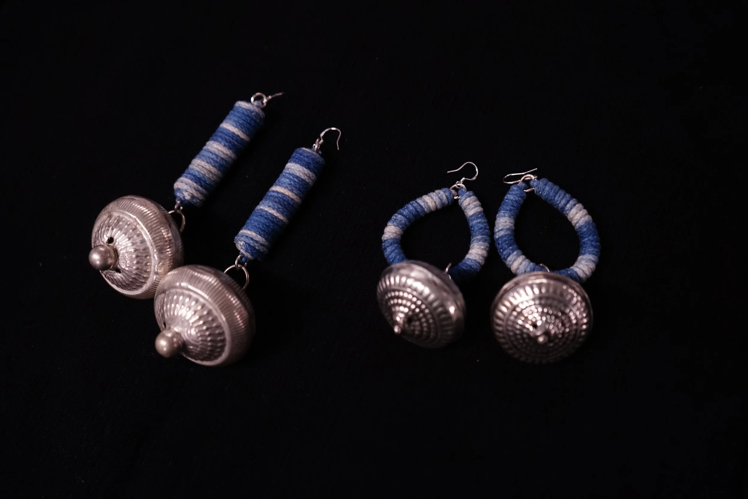 Indigo fabric with Miao sliver plated copper earrings