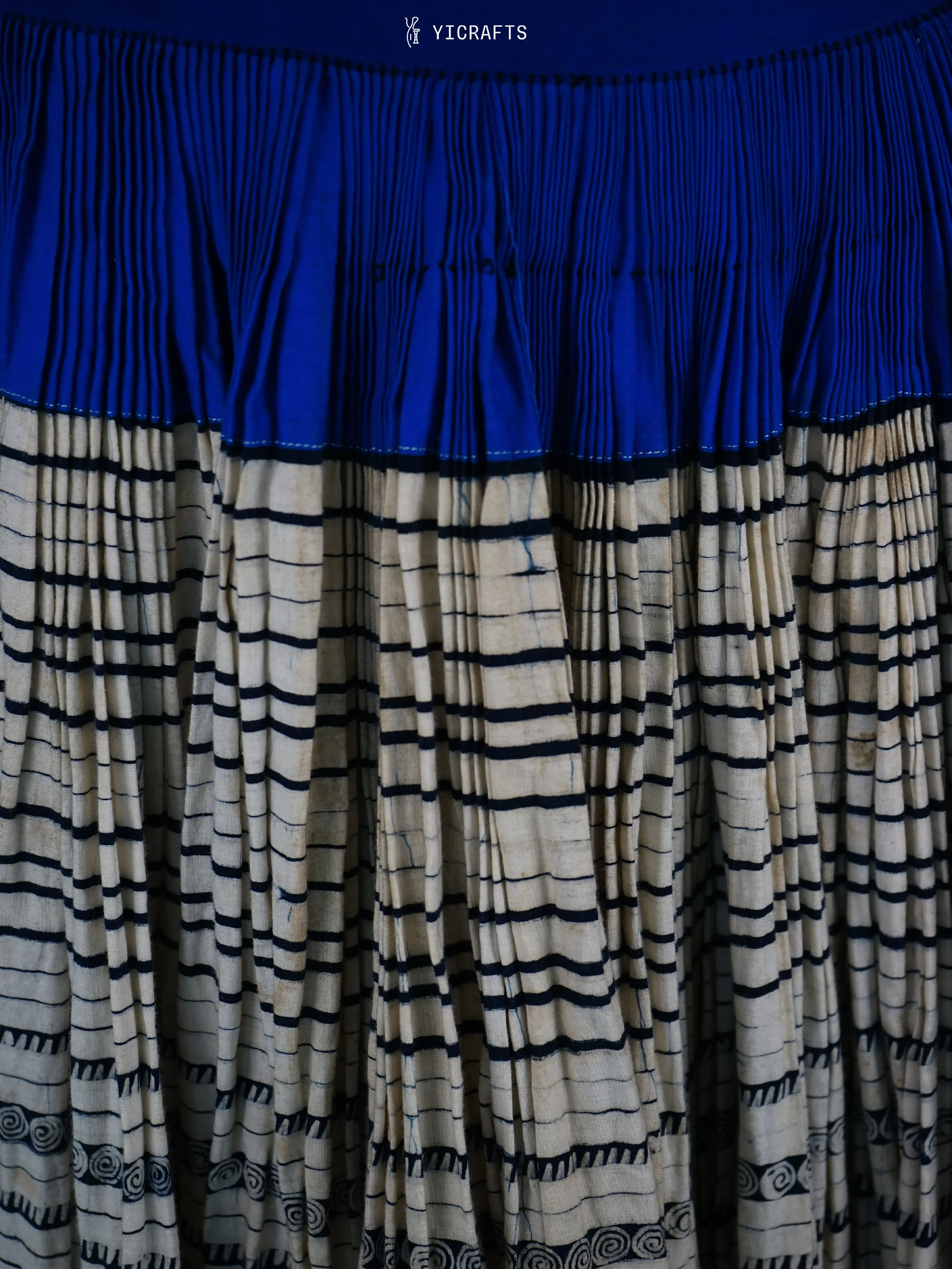 Vintage Batik Pleated Skirt with Indigo Waistband — YICRAFTS