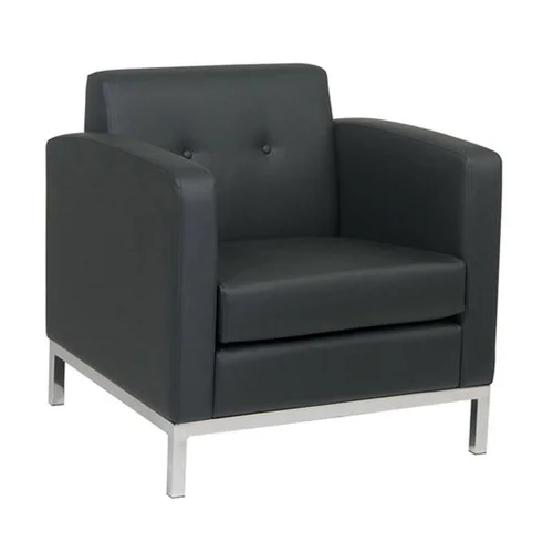 Quick Overview Lounge It- Constructed of High Performance Easy-Care upholstery, this faux Leather Club Chair is designed with a contemporary edge. This design savvy furnishing features a box spring that provides for solid structural support and comfort, overlay button details for added interest, and a sleek chrome finished square edged metal base for a modern aesthetic and additional durability. Constructed of high quality upholstery, this chair is the perfect addition to office.
