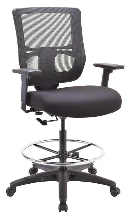 Quick Overview Mesh mid-back drafting stool. Black mesh-back and Black fabric seat.