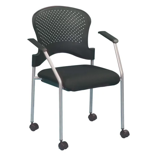 Quick Overview This stacking chair comes with or without casters, has a contemporary design, features .75 inch steel tubing in a grey finish with black fabric seats and black nylon perforated curved back. These chairs will find themselves in many different applications from reception rooms to boardrooms.