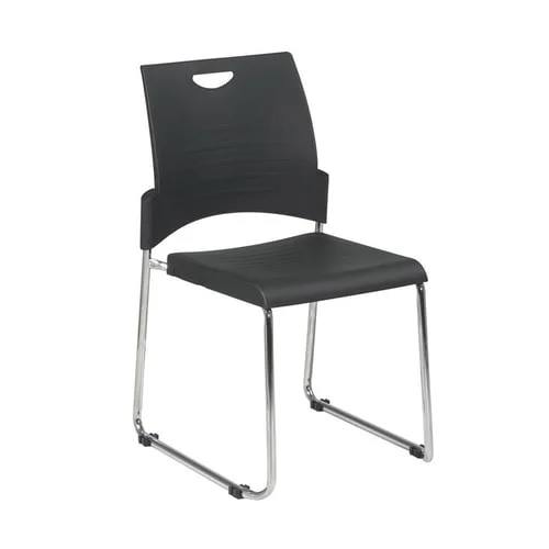 Quick Overview Stack it- This stack chair features black plastic seat and back with a chrome sled base. Stacks up to 6 high and has built-in ganging. Must be ordered in multiples of 4