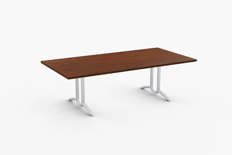 Quick Overview Connect features extended X-base for rectangular tables made with 14 gauge tubular steel. SpecialT table tops are nominal 1-1/4” thick. Core is 1-1/8” thick 45# M3 industrial strength density particle board. The top surface is laminated with High Pressure Laminate (HPL) and the bottom is covered with a balance backer. Standard edges are T-mold and 3mm PVC.