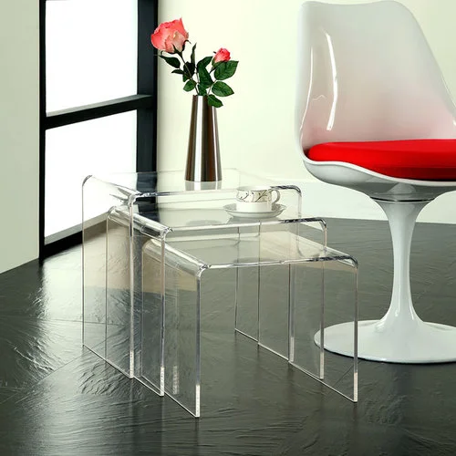 Quick Overview The Casper nesting tables are made of rounded sheets of acrylic, giving a clean see-through look to the 3 piece set. Perfect for a small living room, this space saving design lets you entertain many and keep your space clear afterwards.