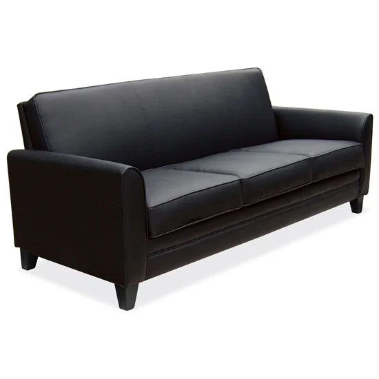 Quick Overview Bring comfort and modern-day style to your office with this leather-soft vinyl upholstered Maggie Collection sofa. The deep tufted seating, with generously padded back cushions, makes this sofa an inviting place to relax while waiting in an office lounge or at home. This sofa can fit into any modern décor with its elegant design, solid hardwood frame and black finished legs.