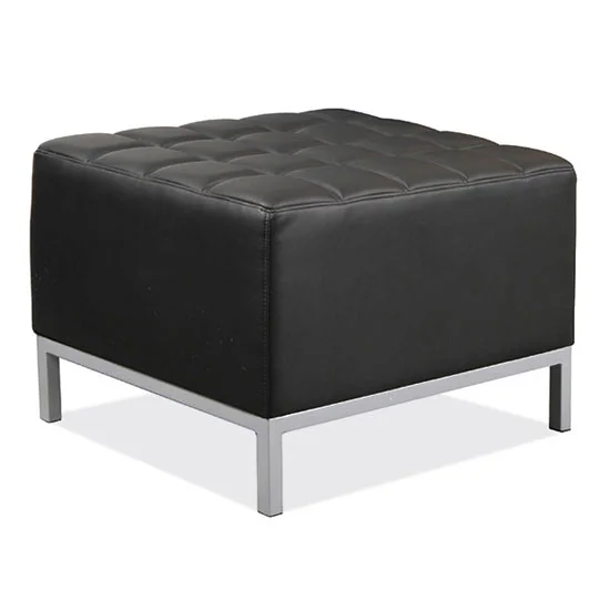 Quick Overview Not all office seating needs to be a traditionally styled chair; sometimes you want to break free from the norm, and show the individual flair of your business. This ottoman, from the Millennial Collection by OfficeSource, is just what you need! Upholstered in a sumptuous black faux leather, and with a tufted cushion top, comfort and style are combined effortlessly. The silver accented base offers a contemporary feel that professionals will appreciate. This ottoman is also fully Greenguard certified, which means that you can be sure it meets current industry standards on chemical emissions, keeping your workforce and workplace safe.
