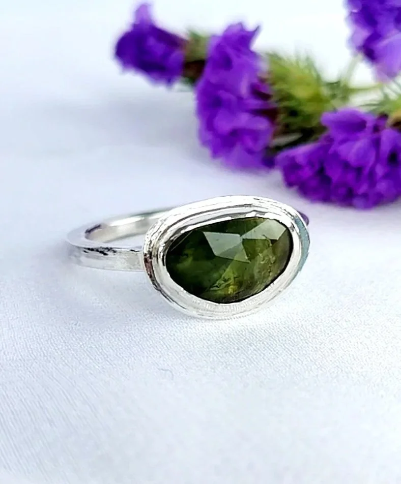 Green Freeform Tourmaline Gemstone Silver Ring