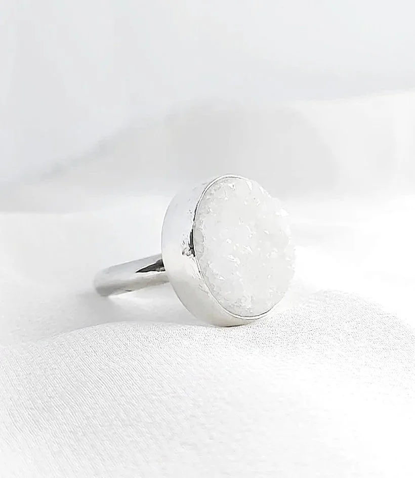 'Sugar' White Druzy gemstone Statement Silver Ring