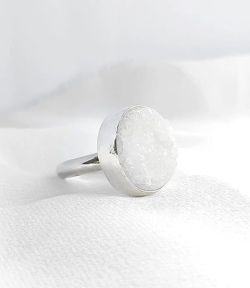 'Sugar' White Druzy gemstone Statement Silver Ring