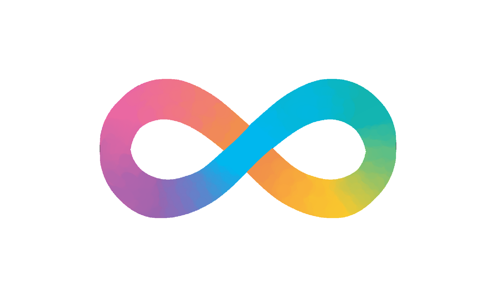 Colorful infinity symbol with a rainbow gradient on a white background.