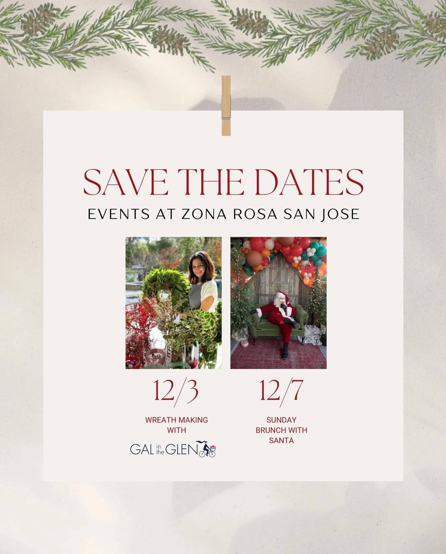 &lsquo;Tis the season for celebration, creativity, and community! 🎄✨
Mark your calendars for TWO merry moments at Zona Rosa San Jose:

🌿 12/3 &mdash; Wreath Making Workshop with @galintheglen 
🎅 12/7 &mdash; Sunday Brunch with Santa (yes, the big 