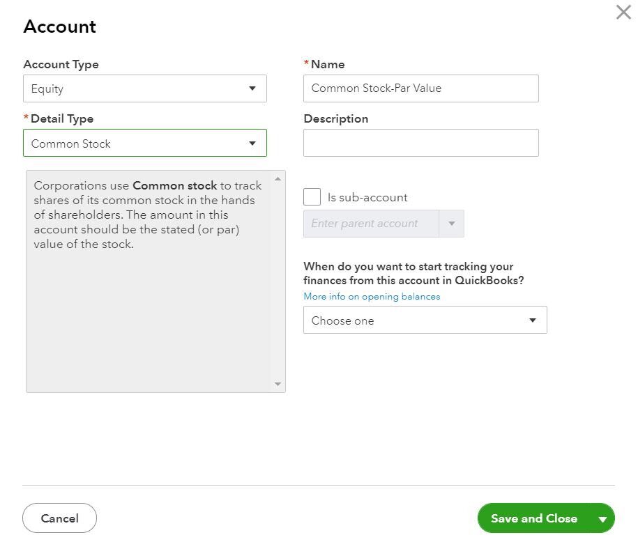 Setup of Common Stock in QBO Chart of accounts