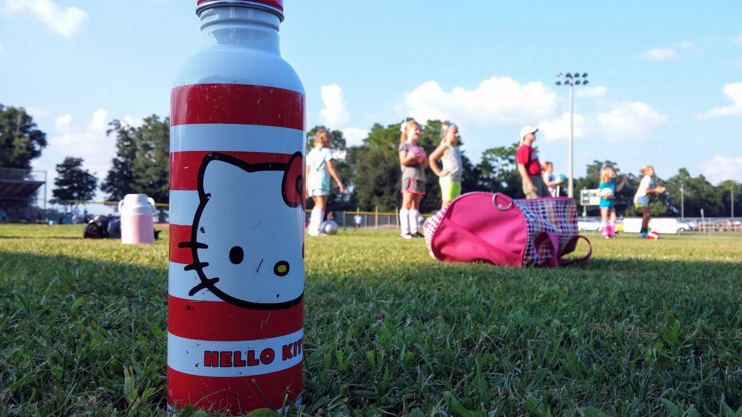 Water bottles are mandatory at soccer practice and games. It’s hot out, and you can never hydrate too much. (Hello Kitty is definitely optional, however.)