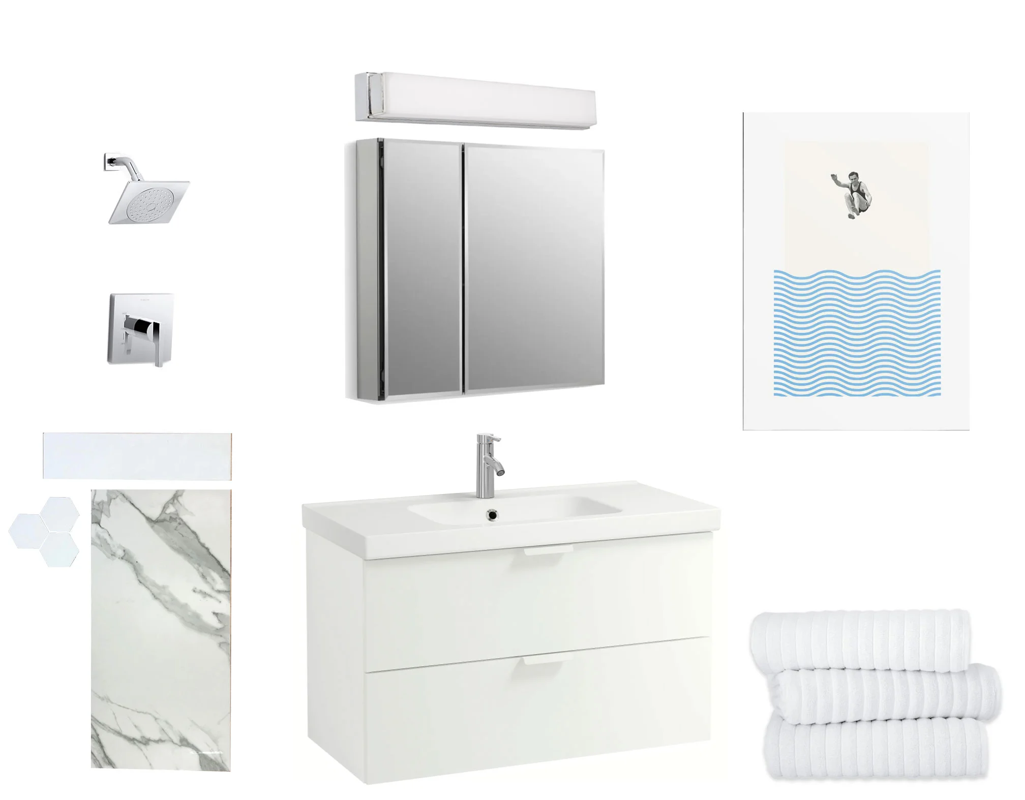 Bath Faucet Collection: Kohler | Ceramic Tile: Set In Stone | Light Fixture: Houzz | Mirror Cabinet: Kohler | Sink Cabinet: IKEA | Print: Etsy | Towels: Bed, Bath & Beyond
