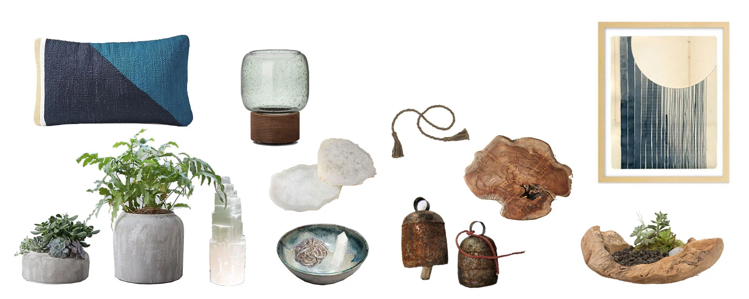 Pillow: West Elm | Speckled Glazed Vase: Target | Planters: Terrain | Selenite Tower: www.etsy.com | Agate Coaster: West Elm | Stoneware Pottery Bowl: Mangum Pottery | Desert Rose Selenite Crystal: Celestial Earth Minerals | Small Crystal Quartz Tower: Etsy | Vetiver Tassel: Connected Goods | Teak Cutting Board: Terrain | Vintage Cow Bells: etsy.com | Teak Bowl Planter: Terrain | Print - Not a Circle by Kate Castelli: Industry West