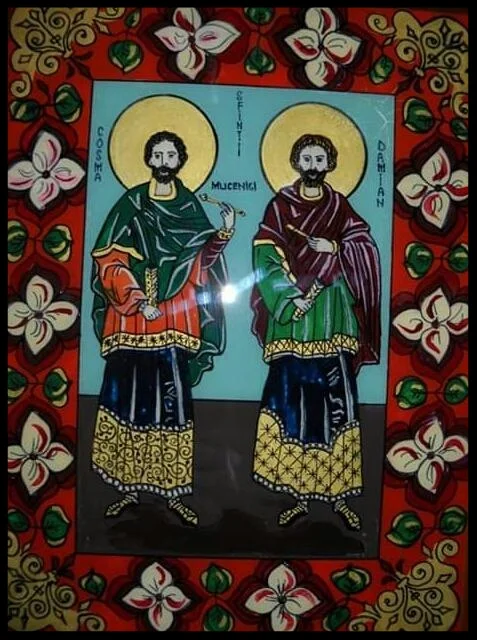 SAINTS COSMA AND DAMIAN GLASS PAINTING