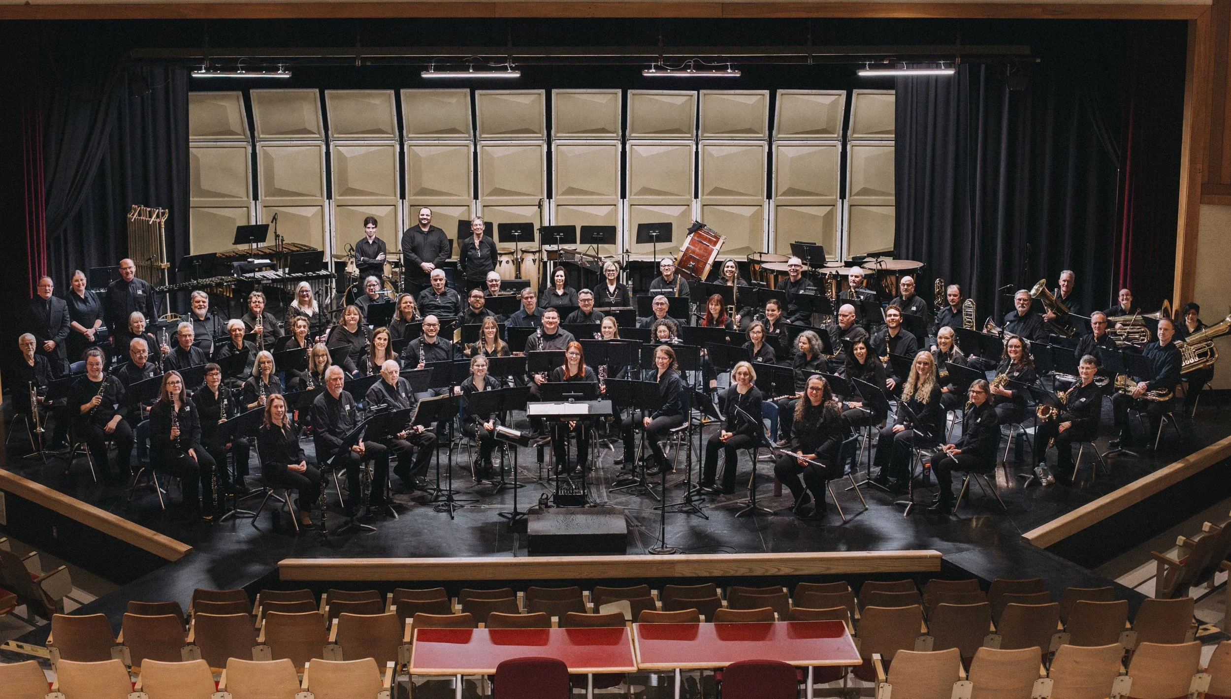 Orchestra on stage with musicians holding instruments, conductor standing in front, large soundproof panels behind, view from auditorium.