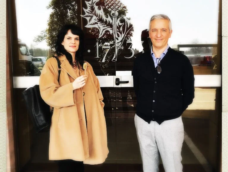 Elizabeth Cline with James Pella, production manager at Piacenza Cashmere in Biella Italy.