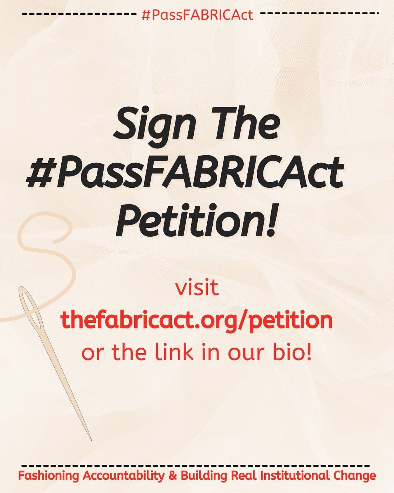 Help us stop US sweatshops and create dignified jobs in the apparel industry by supporting the FABRIC Act. Head to the FABRIC act website and sign the official petition! Yes you can sign from anywhere in the world. Thefabricact.org/petition 
Link in 