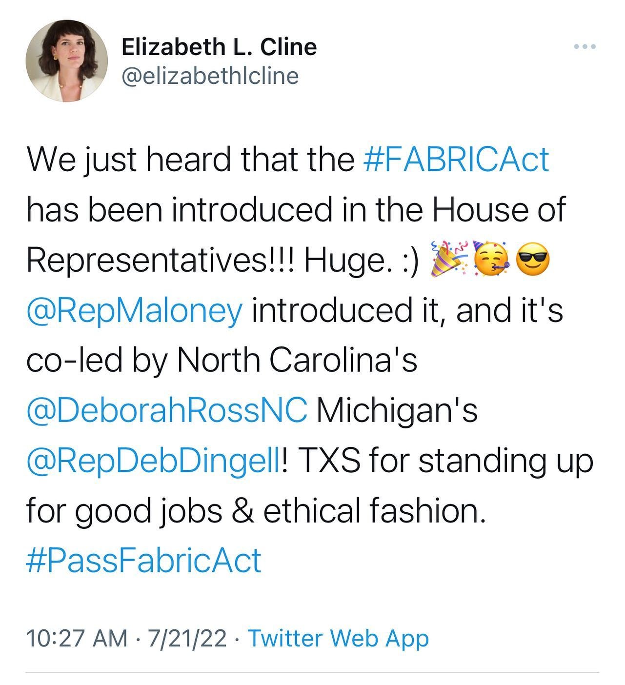 And we&rsquo;ve got a House introduction! 😎🥳🎉 Today the #FabricAct was introduced into the House of Representatives by @carolynbmaloney and co-led by @repdingell @deborahrossnc. So exciting to have Michigan and North Carolina join New York in this