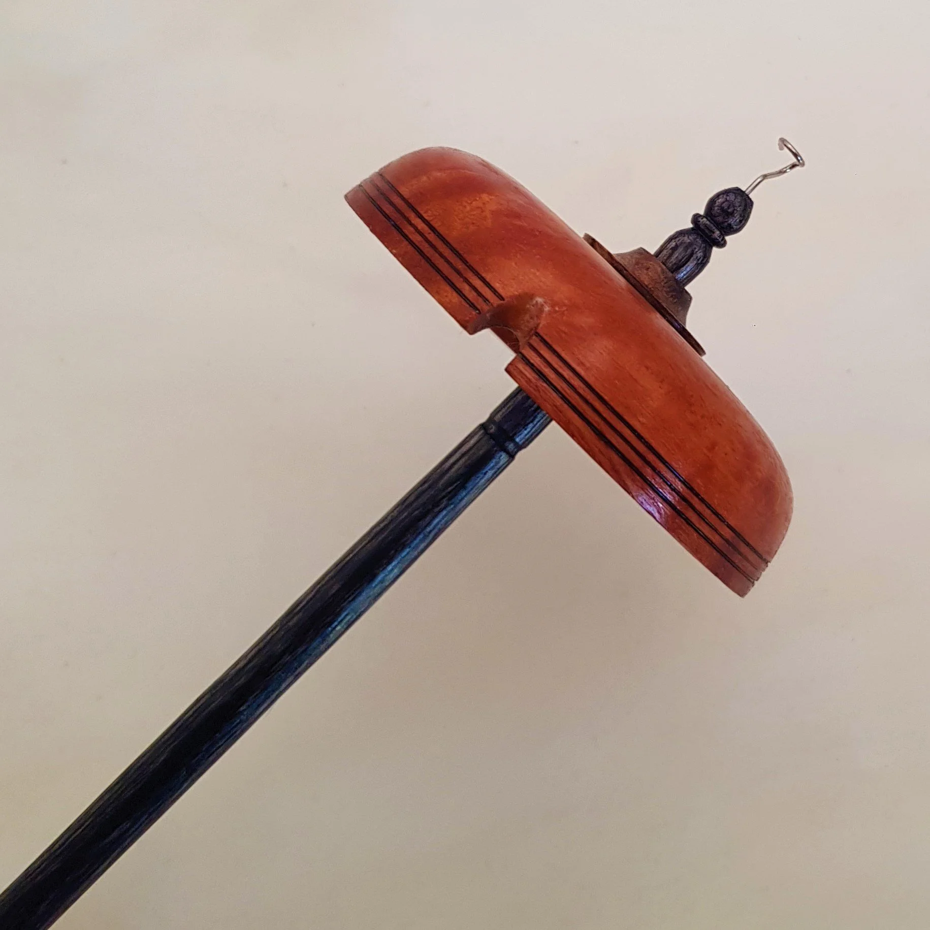 Signature Series - Heavy Weight Top Whorl Drop Spindle in Very Highly Figured Red Morrel, Ebony Burl, and Frogwood.