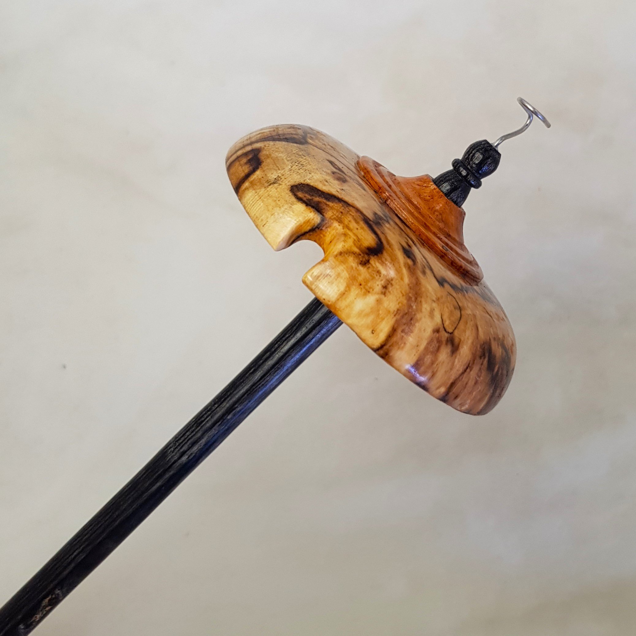 Signature Series - Light Weight Top Whorl Drop Spindle in Highly Spalted Quandong, Rosewood Burl, and Frogwood.