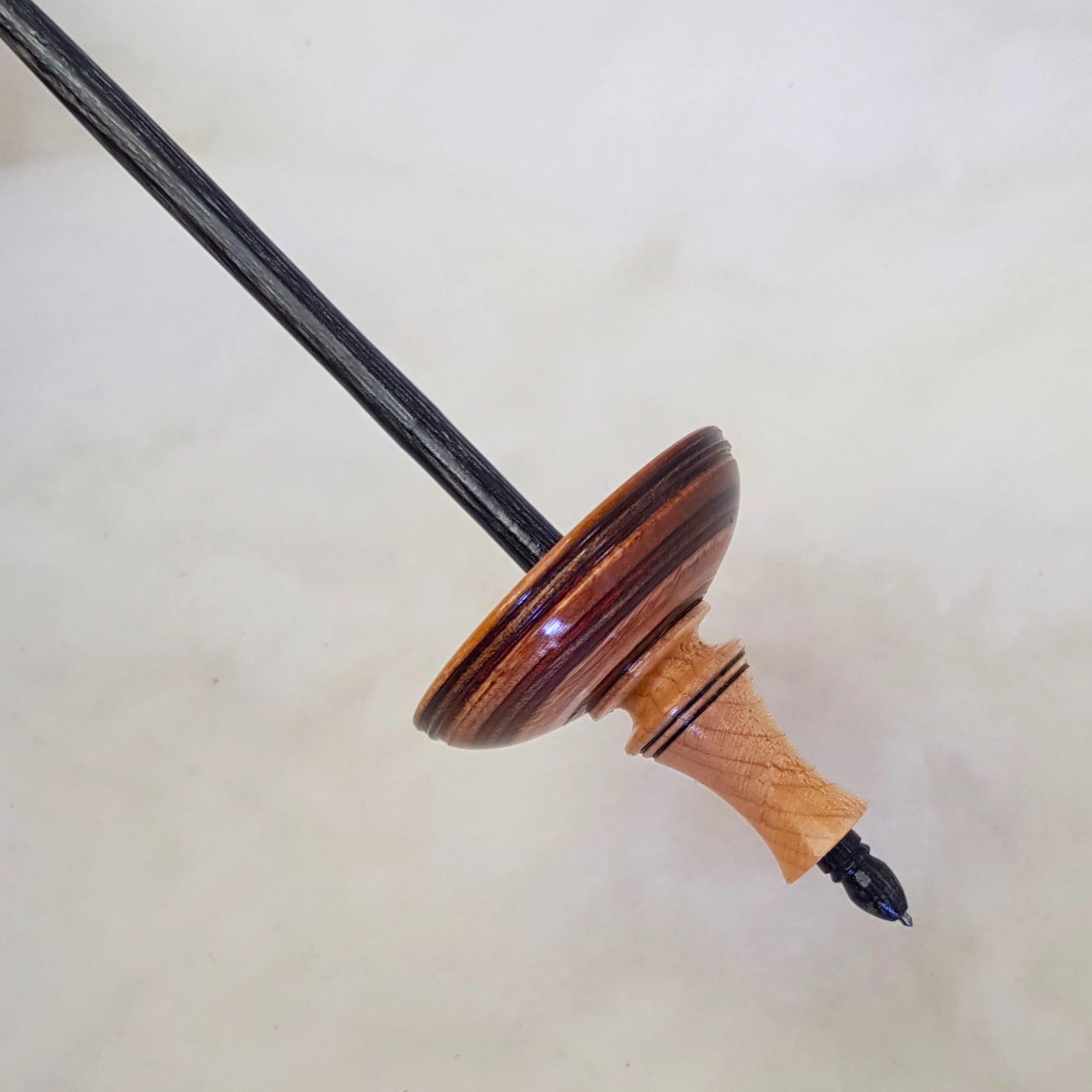 Limited Edition - Pu Yok - Light Weight, Tibetan style supported spindle, in Dymondwood, Birds Eye Maple, and Frogwood.