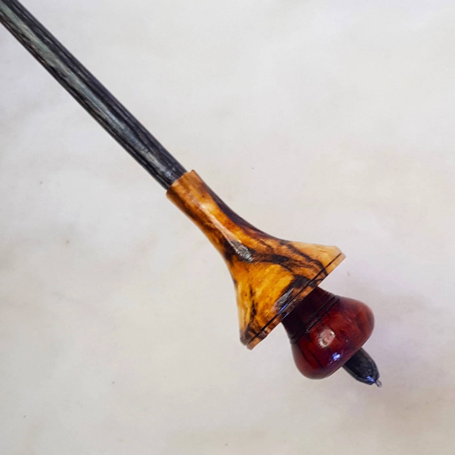 Signature Series - Fungos - Light Weight, Russian style supported spindle in, Highly Spalted Quandong, Highly Figured Flame Oak, and Frogwood..