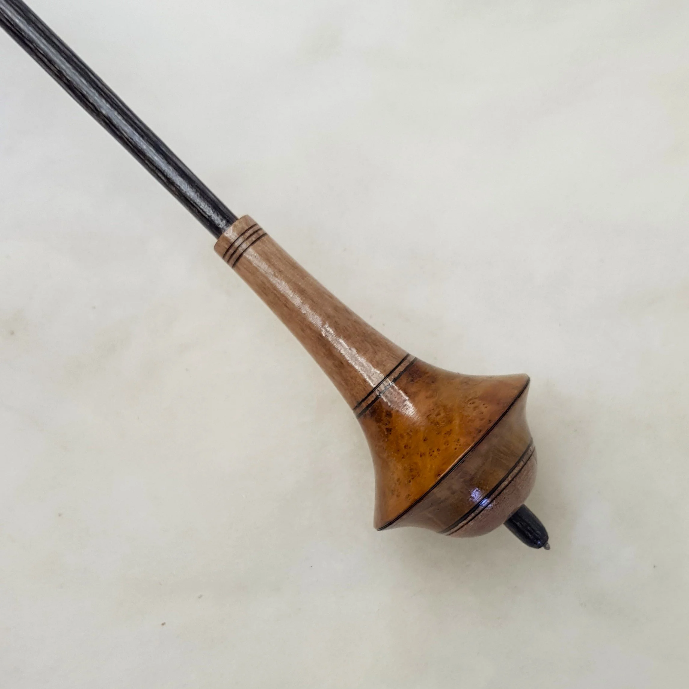 Signature Series - Dyavol - Medium Light  Weight, Russian Style Supported Spindle in Teak Burl, Spalted Ivory Curl, and Frogwood.