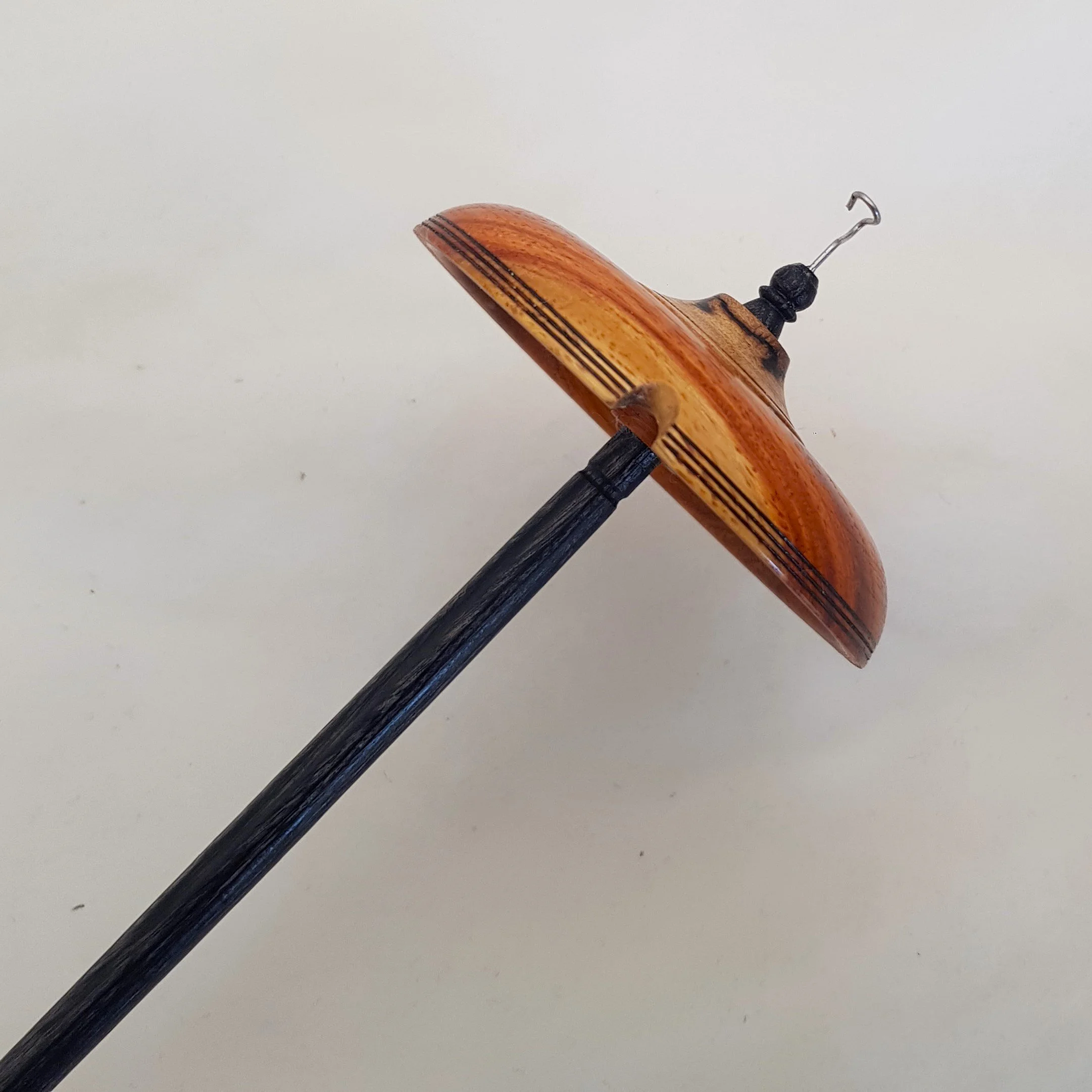 Signature Series - Light Weight Top Whorl Drop Spindle in Highly Figured PNG Red Rosewood, Highly Spalted Sassafras, and Frogwood.