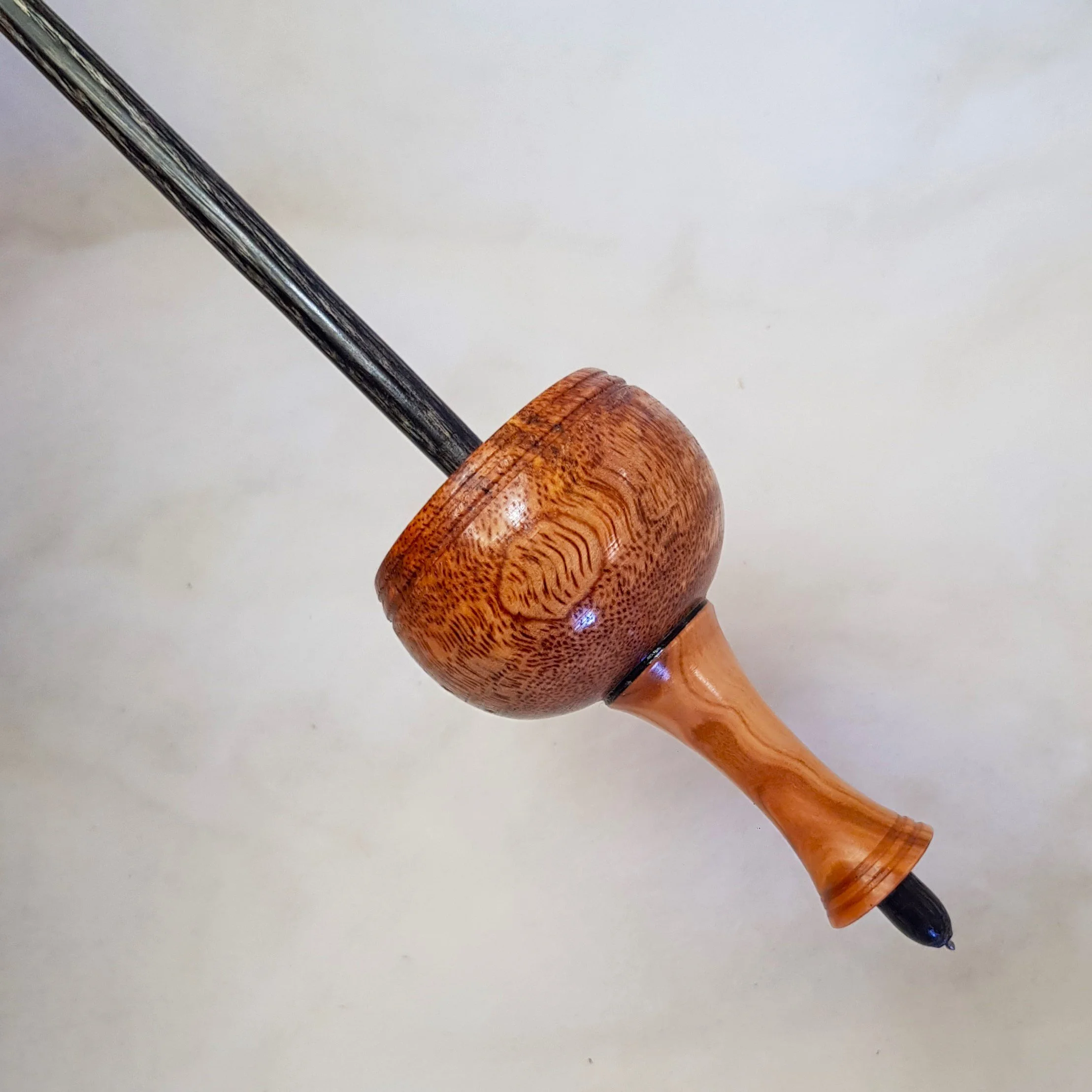 Signature Series - Tibetan - Medium Weight Titanium Tipped Supported Spindle in Highly Figured Curly Mango Wood, Highly Figured Budgeroo, and Frogwood.