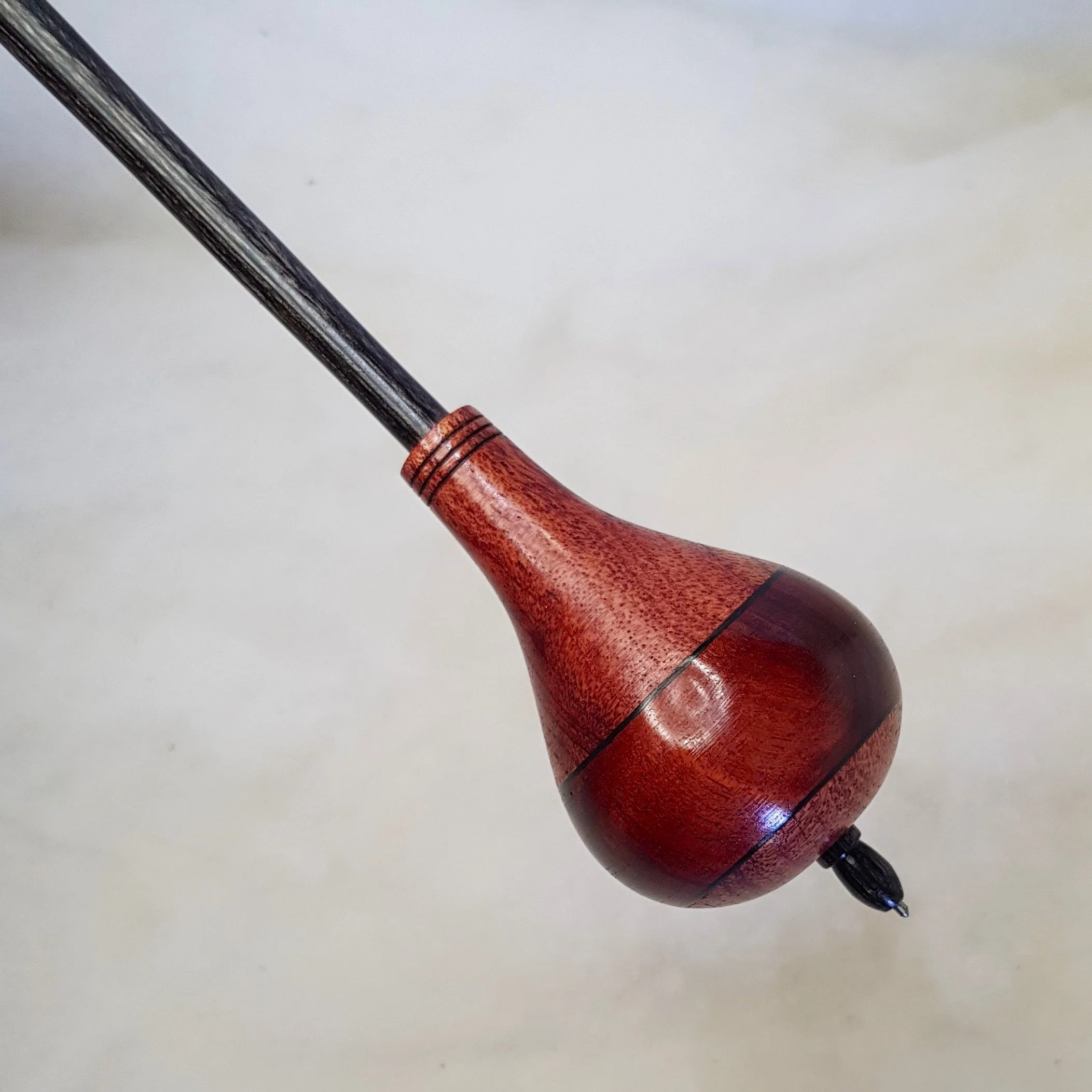 Signature Series - Teardrop -  Heavy Weight Russian style supported spindle in Highly Figured Jarrah,  Curly  Suren Wood, and Frogwood.