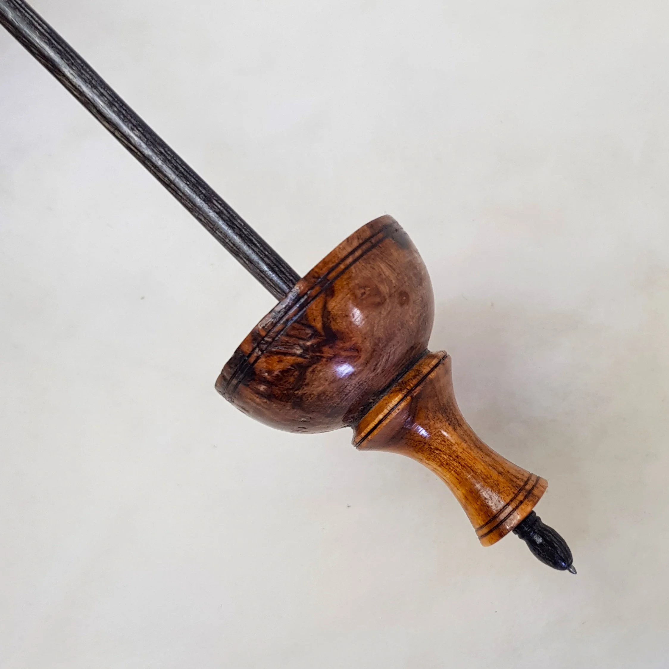 Signature Series - Tibetan - Light Weight Titanium Tipped Supported Spindle in Highly Figured Ebony Burl, Highly Figured Jamaican Fiddlewood, and Frogwood.