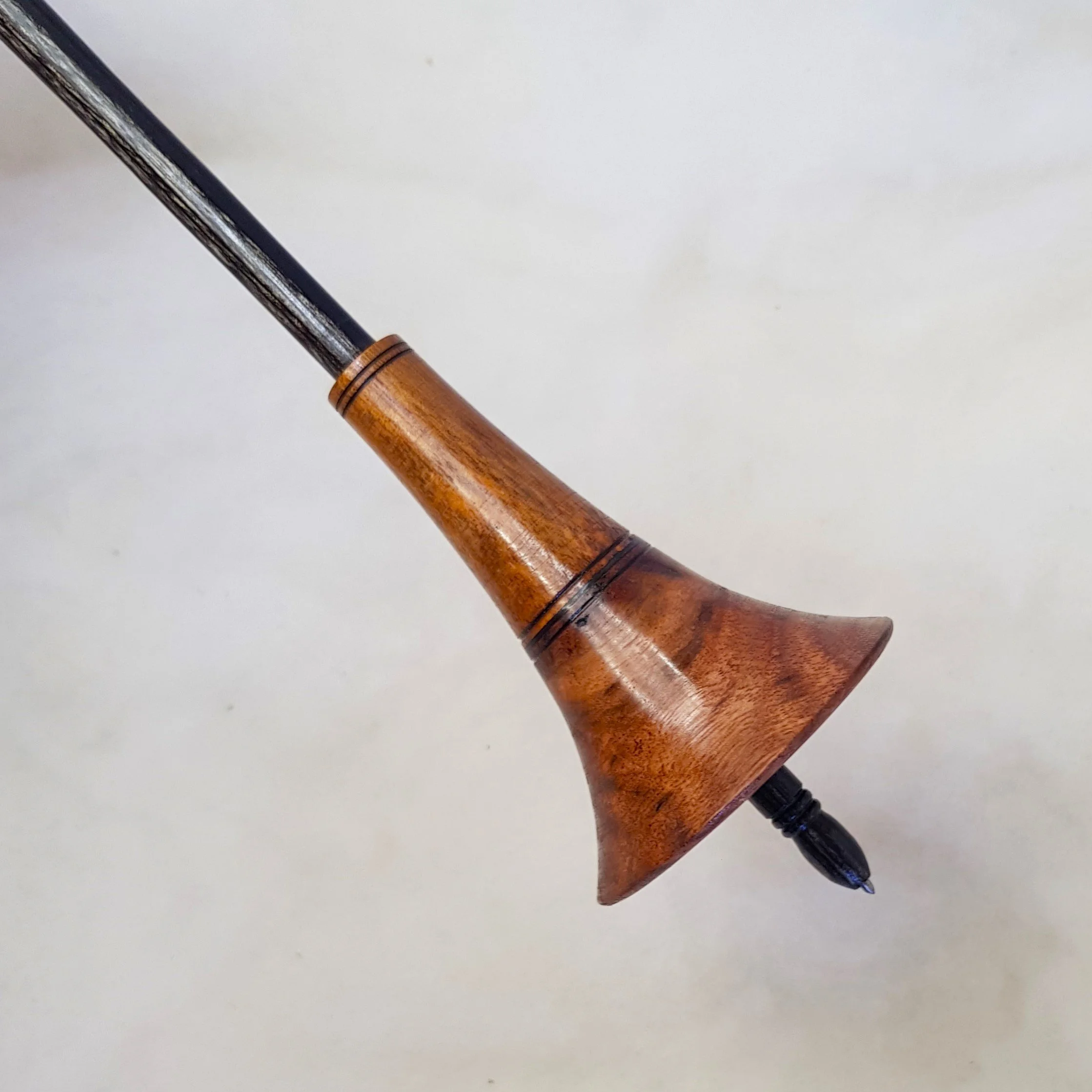 Signature Series - Reverse Cone - Light Weight, Titanium Tip Support Spindle, made with Highly Figured Evans Burl, Highly Figured Jamaican Fiddlewood, and Frogwood.
