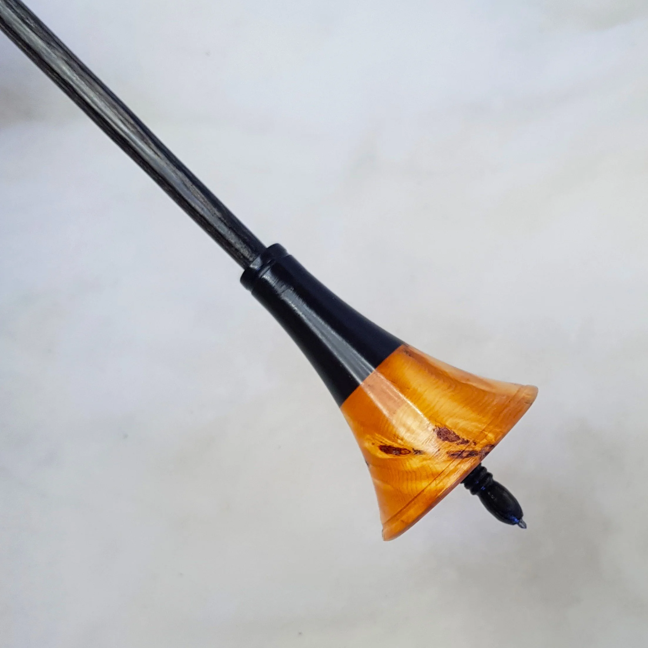 "Adam" - Limited Edition - Reverse Cone - Light Weight, Titanium Tip Support Spindle, made with Very Highly Figured Birds Eye Huon Pine, Sri Lanka Ebony, and Frogwood.