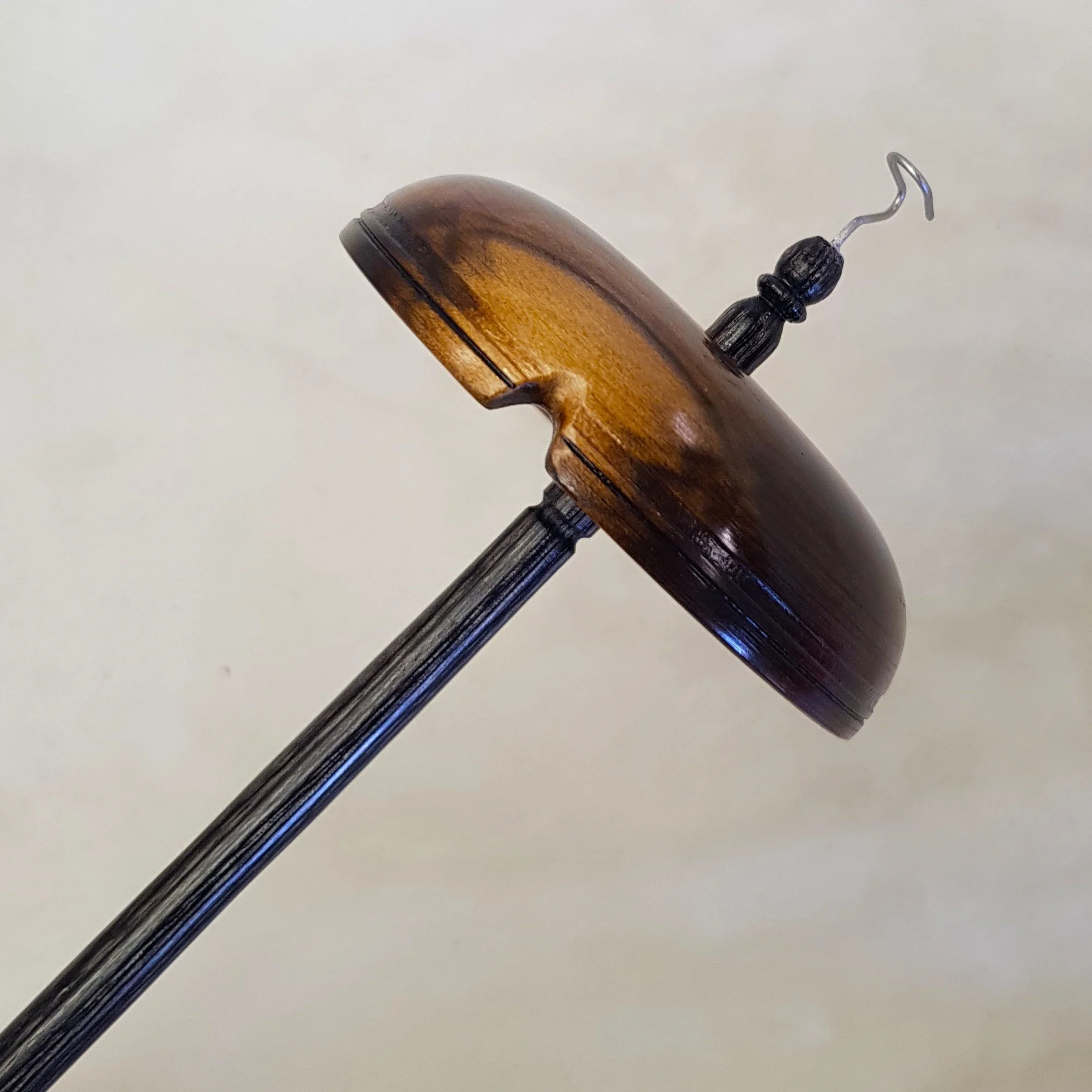 Signature Series - Medium Weight Top Whorl Drop Spindle in Very Highly Figured Black Heart Sassafras, and Frogwood.