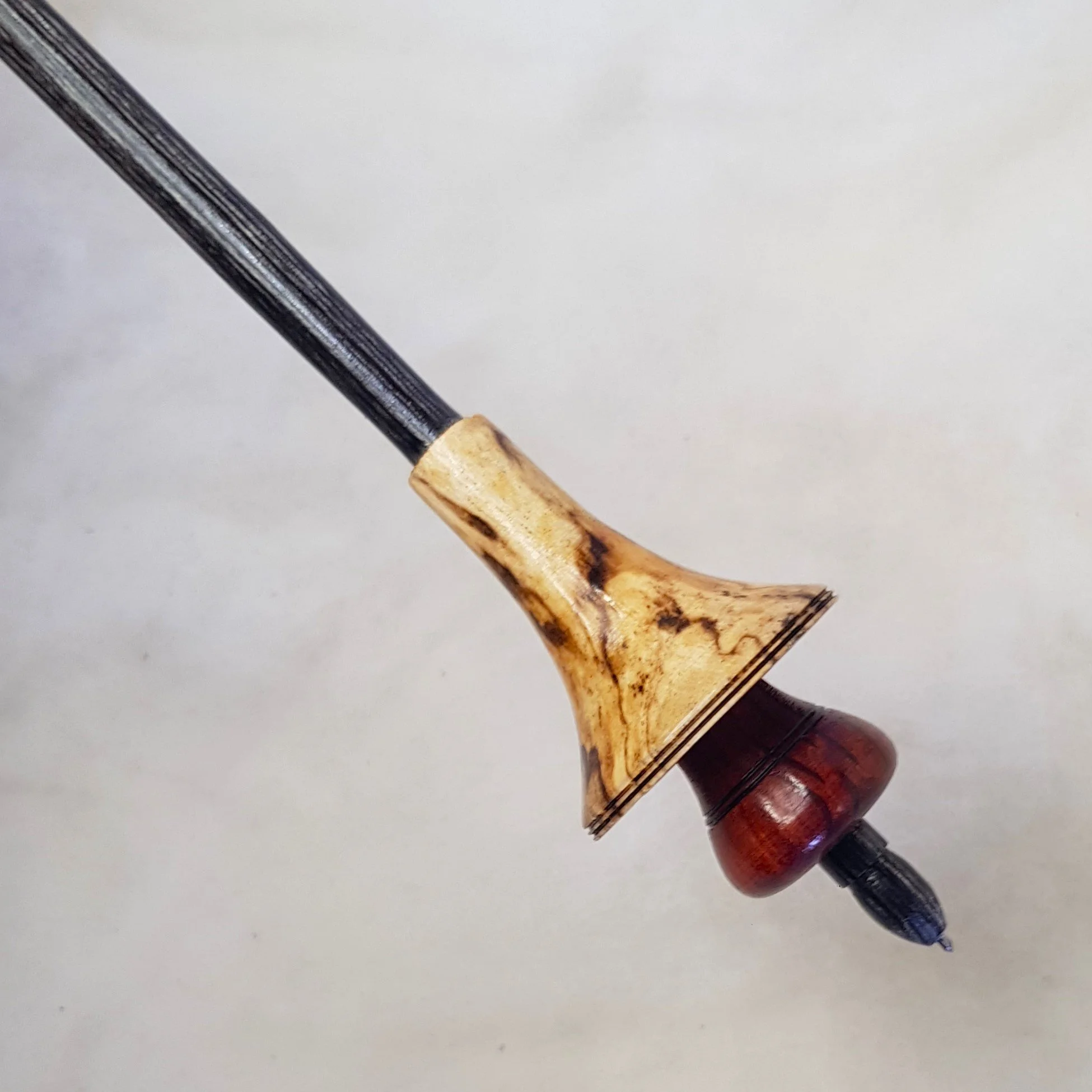 Signature Series - Fungos - Light Weight, Russian style supported spindle in, Highly Spalted Quandong, Highly Figured Flame Oak, and Frogwood.