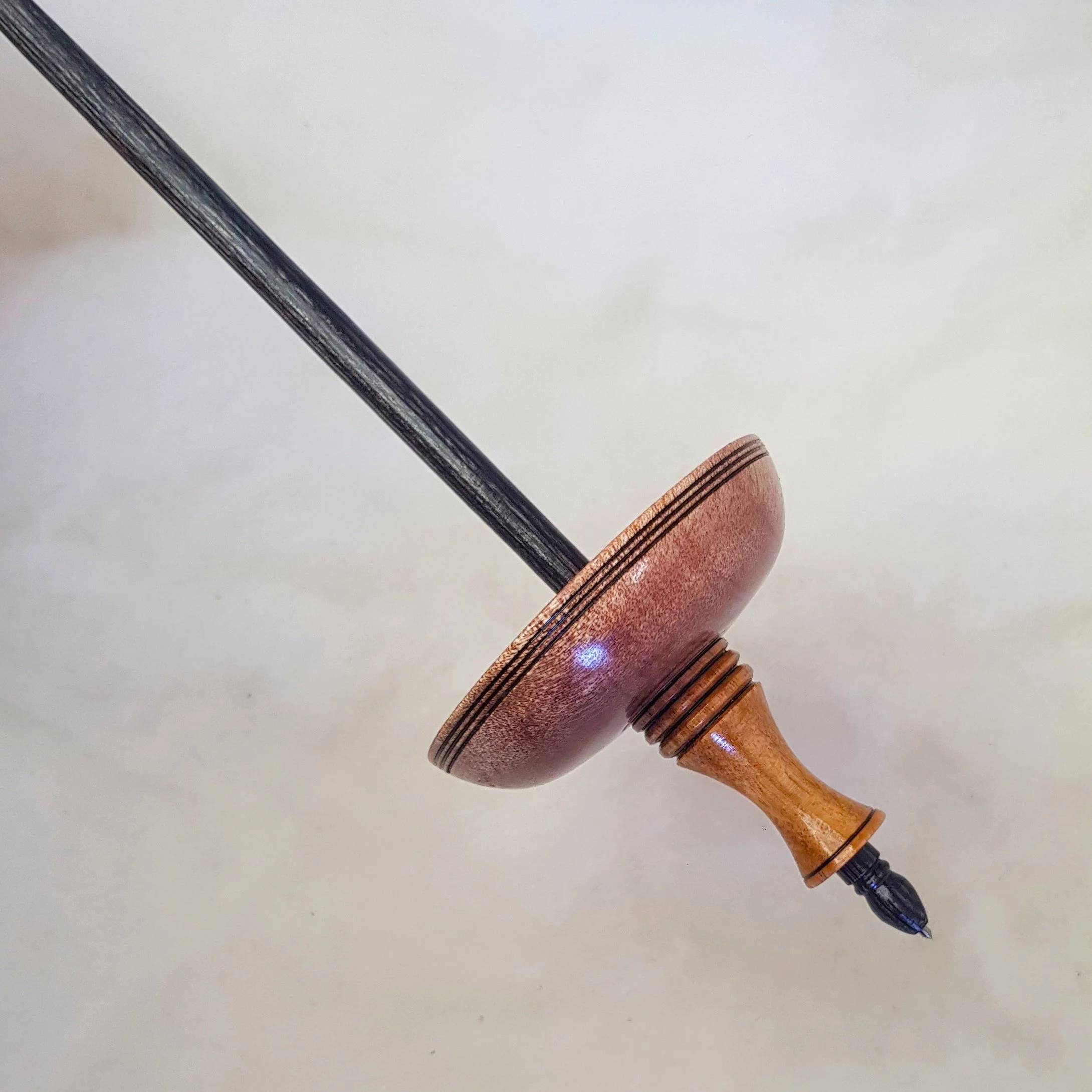 Signature Series - Pu Yok - Medium Light Weight, Tibetan Style  Supported Spindle in Highly Figured Queensland Maple, Highly Figured Tea Tree, and Frogwood.
