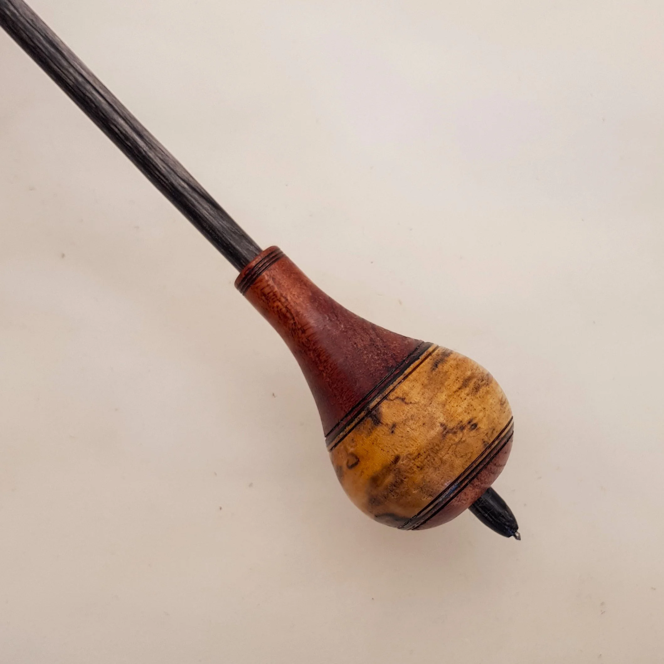 Signature Series - Teardrop - Medium Light Weight Russian style supported spindle in Highly Figured Surren Curly Wood, Highly Spalted Sassafras, and Frogwood.