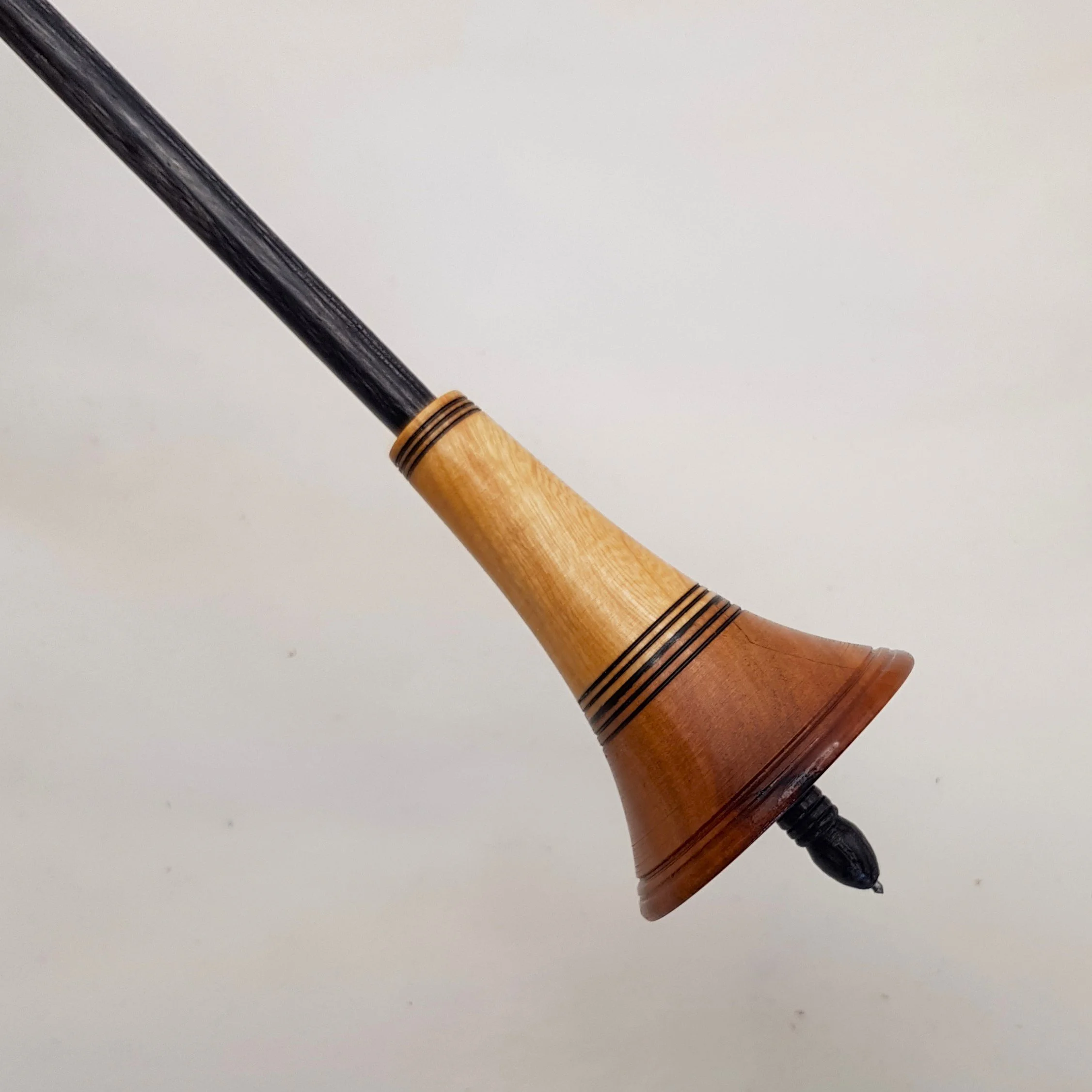 "Sera" - Limited Edition - Reverse Cone - Light Weight, Titanium Tip Support Spindle, made with Figured and Stabilized Budgeroo, Highly Figured Olive Wood, and Frogwood.